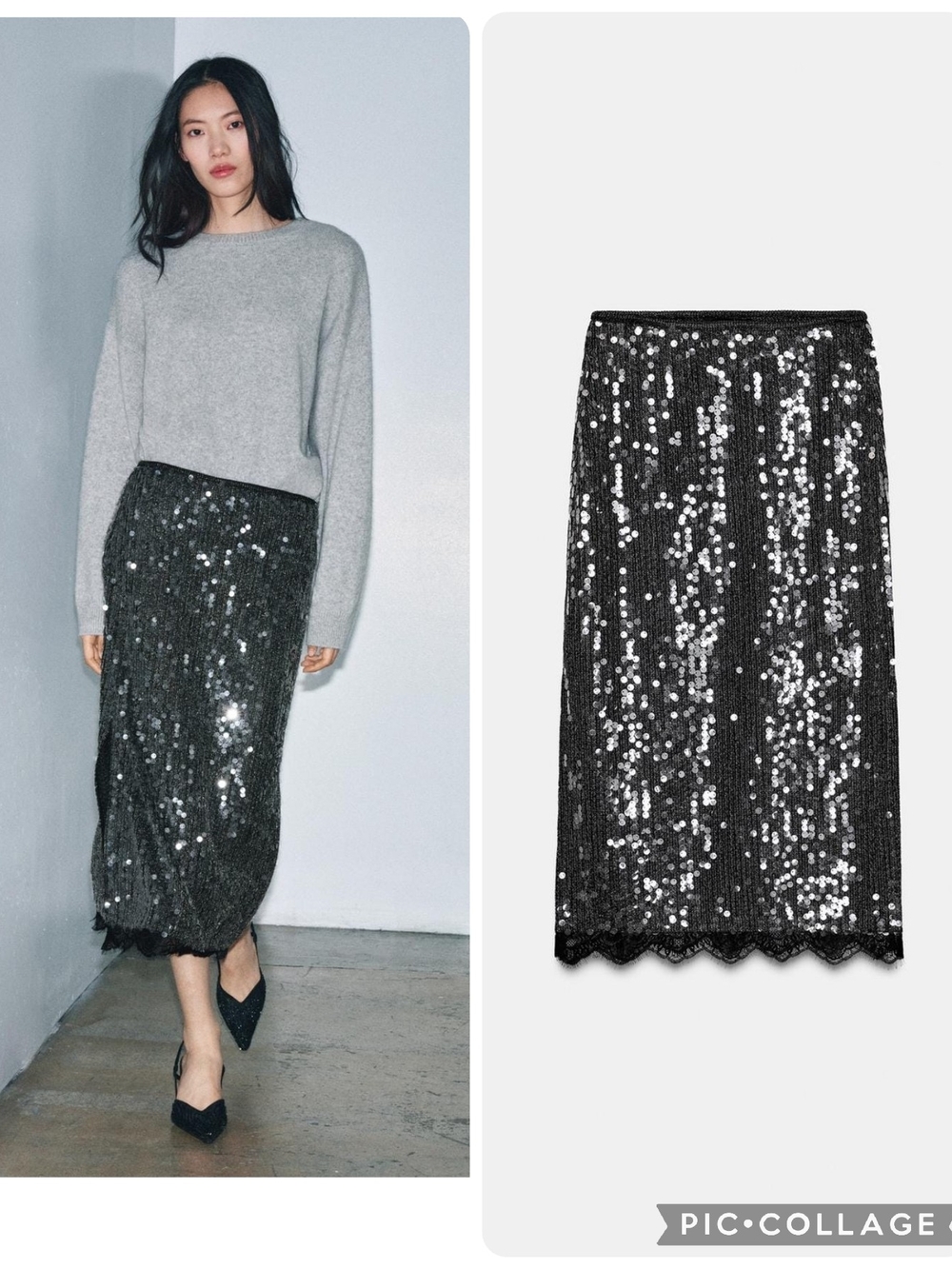 Zara Black Sequin Lace Midi Skirt